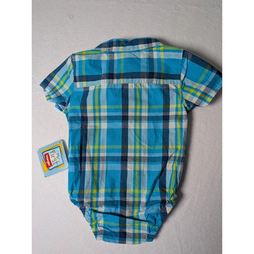 Wrangler Baby‎ Boys Turquoise Blue Plaid Short Sleeve Bodysuit Romper 12M NWT